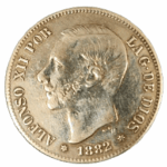 Moneda de plata de 5 pesetas de Alfonso XII de 1882, *MSM, con un peso de 23.55 gramos.