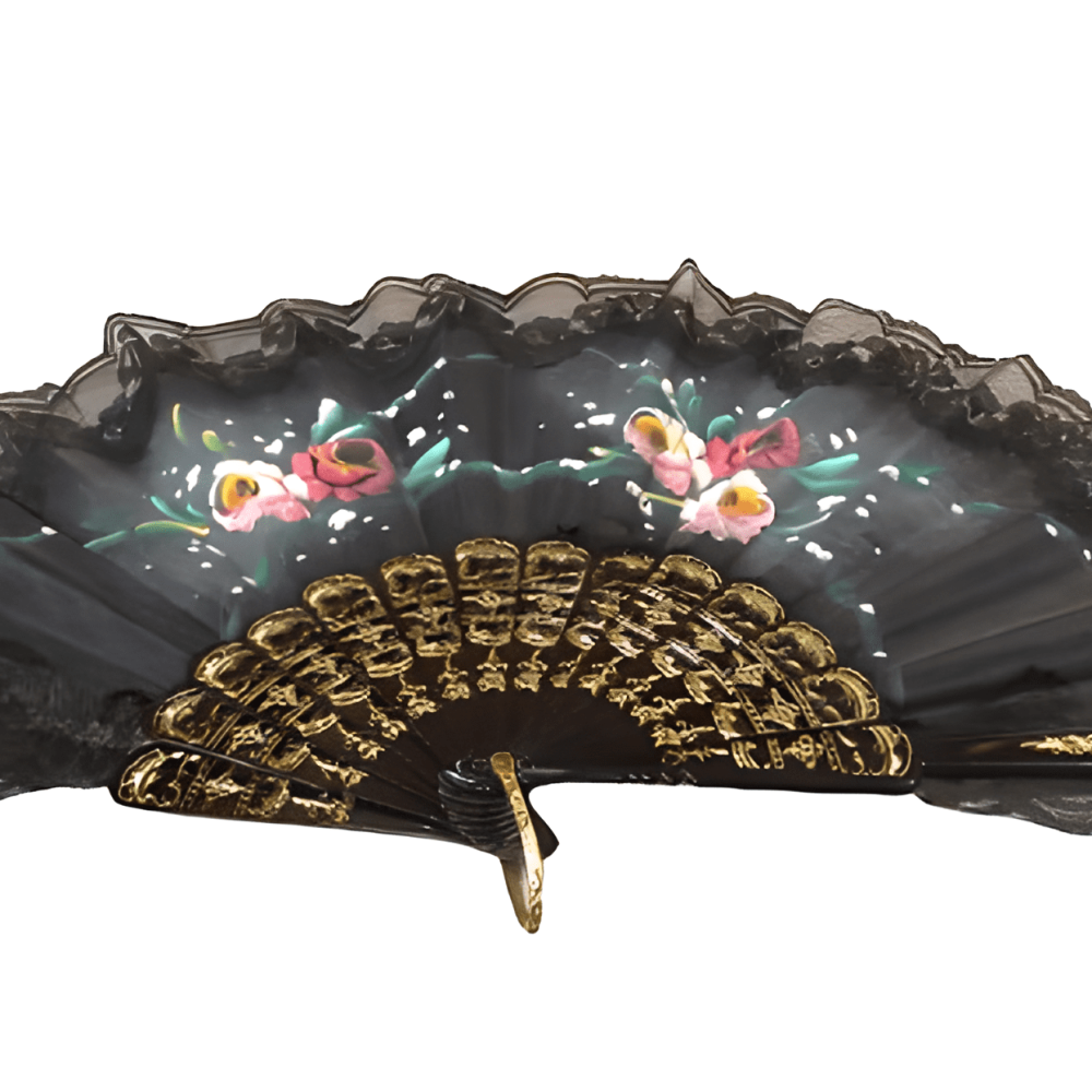 ABANICO NEGRO CON MOTIVOS FLORALES